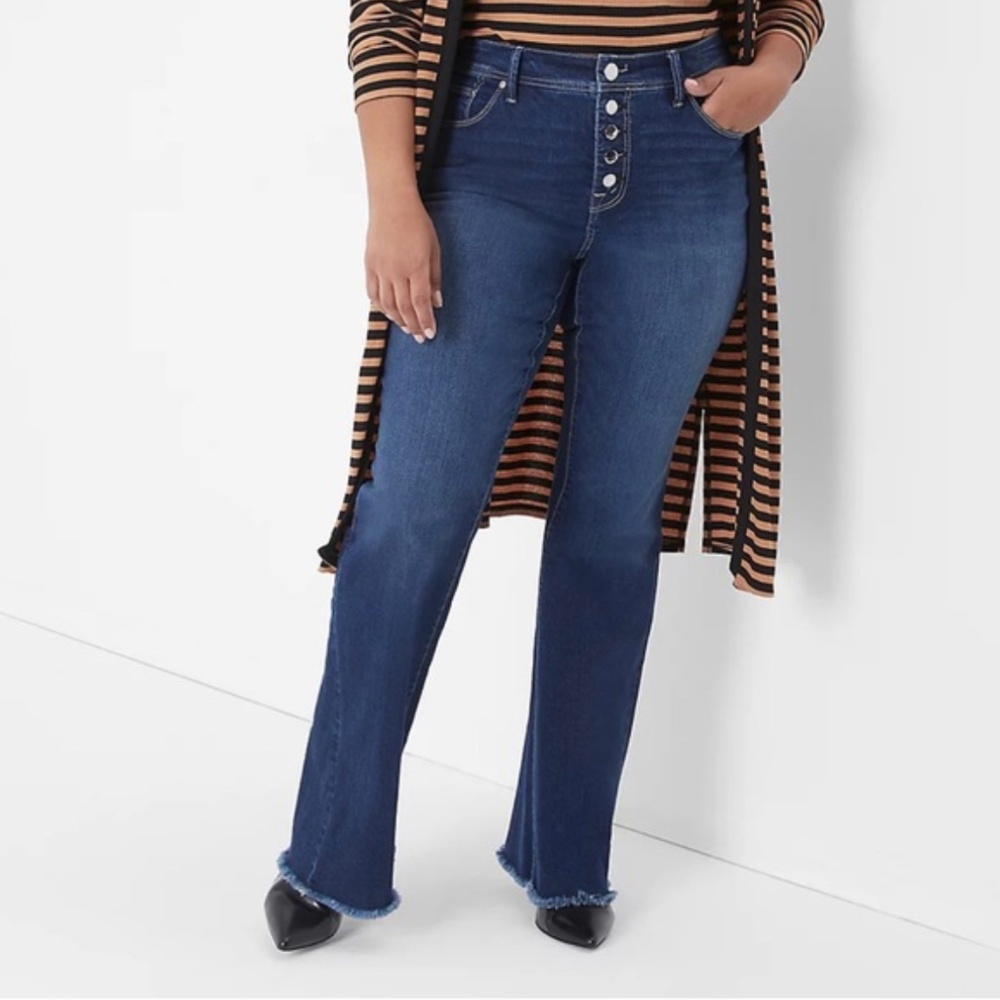 NWT Seven7 Jeans 22 flare bling pocket button fly plus size stretch dark denim